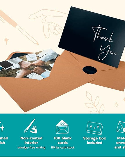 VNS Creations Thank You Cards With Envelopes Bulk Set & Stickers - 100 Pack 4x6 Blank Thank You Notes Bulk Box Set - Large Note Card Small Business, Wedding, Baby Shower & Bridal Shower - Black