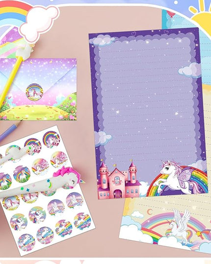 TaoBary 160 Pcs Stationery Paper Set 50 Double Sided Stationery Papers with 50 Matching Envelopes and 60 Round Dot Sticker, 10 Design(Unicorn,5.5 x 8.25 Inch)