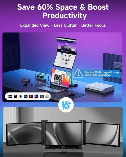 JSAUX FlipGo Pro 15.6" Dual Portable Monitors, 1080P FHD IPS Dual Screen Monitor, Triple Screen Laptop Monitor Extender for Wins/macOS (Driver Required) with Magnetic Design/Plug & Play/Built-in Hub