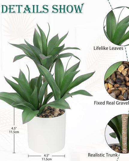 Hollyone Large Artificial Agave Plants Fake Three-Head Agave Succulent Plant Potted 15" Faux Plant in White Pot Succulents Aloe Plant Indoor for Desk Modern Home Decor