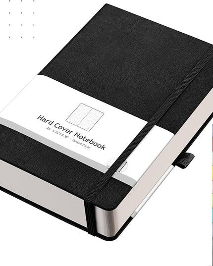 AHGXG Bullet Dotted Journal - 320 Numbered Pages Dot Grid Notebook A5 Thick Journal, 100gsm Thick Dotted Paper, Leather Hardcover,Inner Pocket, 5.75'' × 8.38'' - Black