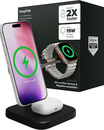 Mophie 3-in-1 Wireless Charging Stand - Qi2-Certified, MagSafe Charger for iPhone, Apple Watch & AirPods – Fast Charging Station with Adjustable Phone Stand & Cable Management – Up to 15W Power, Black