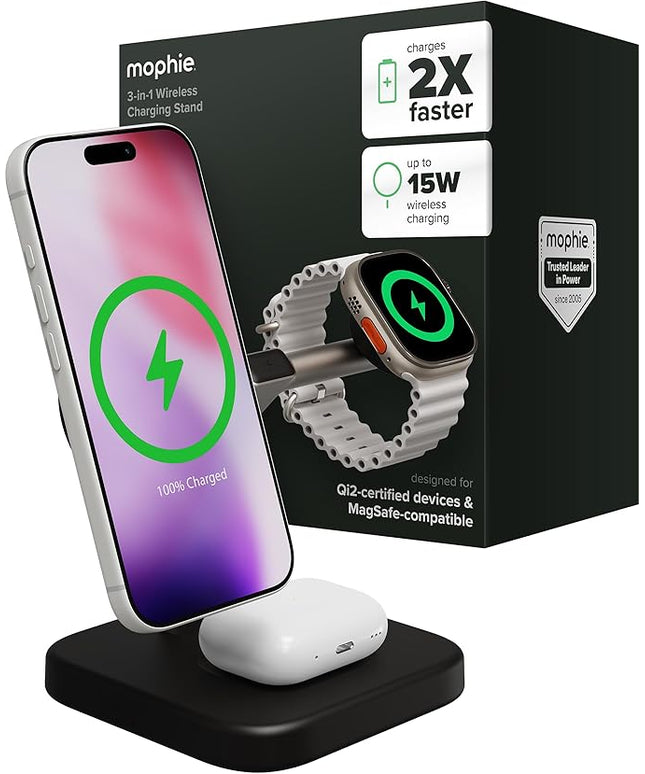 Mophie 3-in-1 Wireless Charging Stand - Qi2-Certified, MagSafe Charger for iPhone, Apple Watch & AirPods – Fast Charging Station with Adjustable Phone Stand & Cable Management – Up to 15W Power, Black