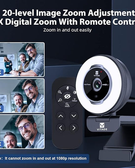 Zoomable Webcam with Remote Control, 1080P 60FPS Streaming with Ring Light and Microphone, Pro USB Webcam with 5X Digital Zoom and Privacy Cover for Zoom/Skype/Teams/PC/Laptop/Mac