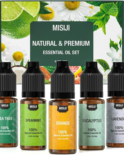MISIJI Essential Oils for Diffuser for Home, Top 5 Aromatherapy Oils,Candle&Soap Making,10ml（Orange, Lavender, Peppermint, Eucalyptus, Tea Tree）