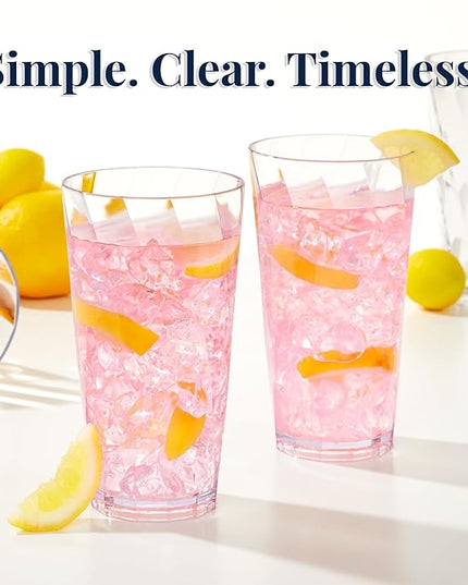 US Acrylic Optix Plastic Reusable Drinking Glasses (Set of 8) 20oz Water Cups in Clear | BPA-Free Tumblers, Made in USA | Top-Rack Dishwasher Safe