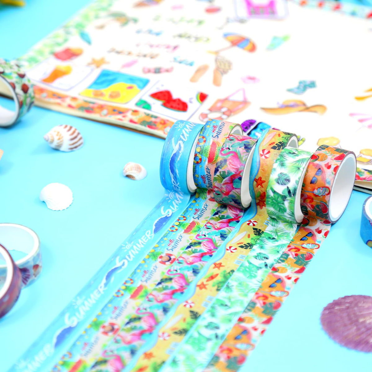 NIKOMIE Summer Washi Tape Set,12 Rolls Hawaii Beach Holiday Decorative Tape Flamingo Tropical Leaves Coconut Watermelon Pineapple Masking Tape for Journaling Supplies, Gift Wrapping, DIY Art&Crafts