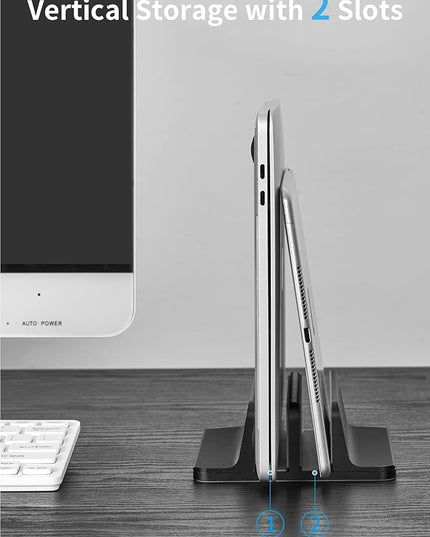 JARLINK Vertical Laptop Stand Holder, Aluminum Double Desktop Stand Holder with Adjustable Dock (Up to 17.3 inch), Compatible with MacBook, Surface, Chromebook, and Gaming Laptops, Black