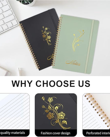 Joyberg Aesthetic Spiral Notebook, 2PCS Cute Notebook, 8.3" x 6" Notebook For Women, A5 Spiral Journal Notebook for Office/School/Home (Green & Black)