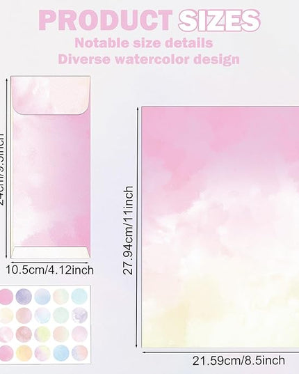 EggSun 250Pcs Watercolor Stationery Paper and Envelope Set with 100 Letterhead Papers and 50 Envelopes, 10 Design for Letter Writing Invitations Computer Holidays Party Notes, 8.5x11 Inch-Aesthetic