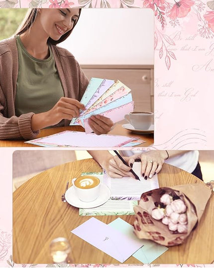 Funrous 90 Pcs Stationary Paper and Envelopes Set, Christmas 60 Sheets Floral Letter Paper and 30 Envelopes, 8.5 x 11 Inch Lined Writing Sheet for Wedding Religious Xmas Party Invitation Gift Decor