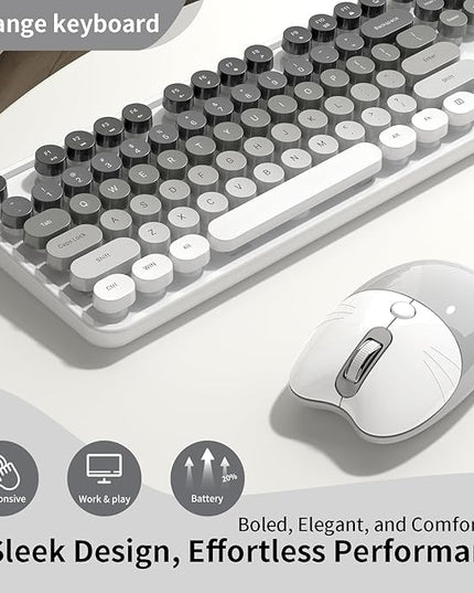 Creamy Wireless Keyboard and Mouse, MOFII 104 Round Keycaps Retro Typewriter with OTG & Brush, Full-Size Ergonomic, Ideal for Windows PC, Home, Office and College Gray White