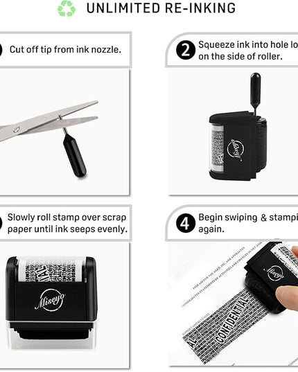 Miseyo Identity Theft Protection Roller Stamp Set - Black (6 Refill Ink Incleded)