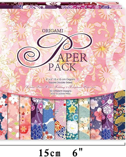 Origami Paper Kit 50 Sheets 70GSM 6 Inch Square Double Sided Color 50 Vivid Japanese Washi Chiyo Colors for Hand Crafts Origami Paper Arts Creativity.Japanese Sakuras