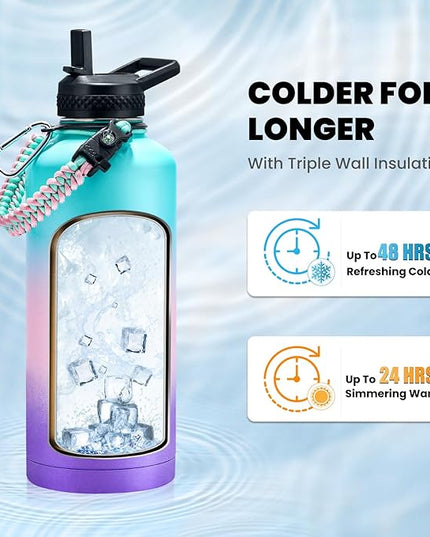 Insulated Water Bottle 87 oz, Triple Wall Vacuum Stainless Steel (Cold for 48 Hrs), Leak Proof & Non-BPA, Modern Water Flask Jug with Paracord Handle & Straw Spout Lids, Hydrangea