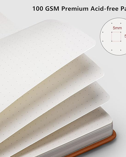 RETTACY Bullet Dotted Journal Notebook, 192 Pages, A5 Medium Size (5.7'' x 8.3''), Leather Hardcover, 100 GSM Thick Paper, for Bullet Journaling, Planning, Tracking (Brown)
