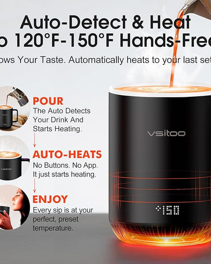 Vsitoo S3 12oz Heated Mug - Temperature Control Smart Mug with Mug Warmer, Perfect for Espresso, Auto-Sensing AI Heats Drinks to 120-150°F Hands-Free.Ideal for Home/Office/Gifts，White