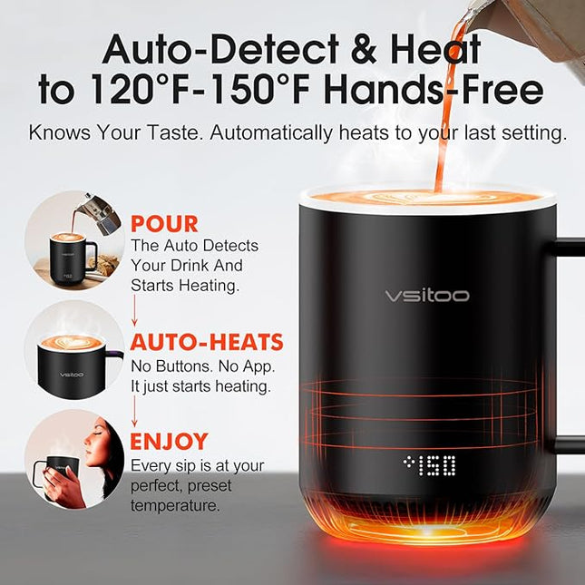 Vsitoo S3 12oz Heated Mug - Temperature Control Smart Mug with Mug Warmer, Perfect for Espresso, Auto-Sensing AI Heats Drinks to 120-150°F Hands-Free.Ideal for Home/Office/Gifts，White