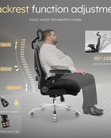 750lbs Big and Tall Office Chair,Heavy Duty Office Chair with 5D Flip Arms and Adjustable Lumbar Support, Ergonomic Mesh High Back Desk Chair, Ergonomic Executive Home Office Computer Chair