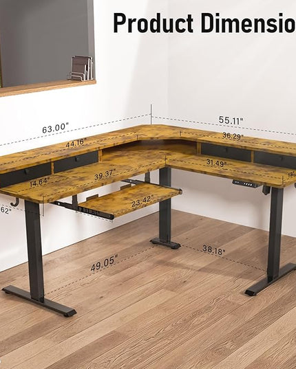 63 x 55 inch L Shaped Standing Desk with 4 Drawers & USB Charging Port, Electric Adjustable Height Corner Stand Up Desk with Keyboard Tray, Rustic Brown