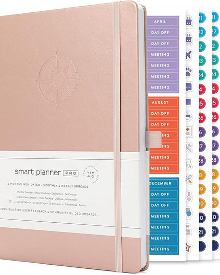 Smart Planner Pro – Undated Daily Planner – Medium B5 – Achieve Goals & Increase Productivity with Weekly, Monthly, Work Sections - Organizer Planner with Back Pocket, 3 Satin Bookmarks & Pen Holder
