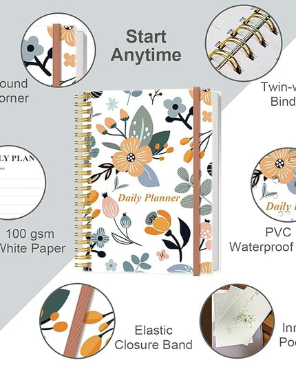 Daily Planner Undated - B5 To Do List Notebook Hourly Schedules, Spiral Appointment Planner for Women and Men, PVC Hardcover, Inner Pocket, Elastic Closure, 7" x 10", Rose Flower