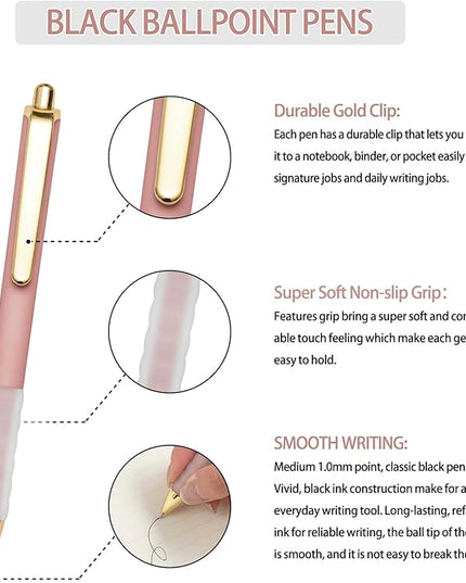 Linbsunne Ballpoint Pens Black Medium Point 1mm Pen with Super Soft Grip Ball Point Pen for Men Women Retractable Pens