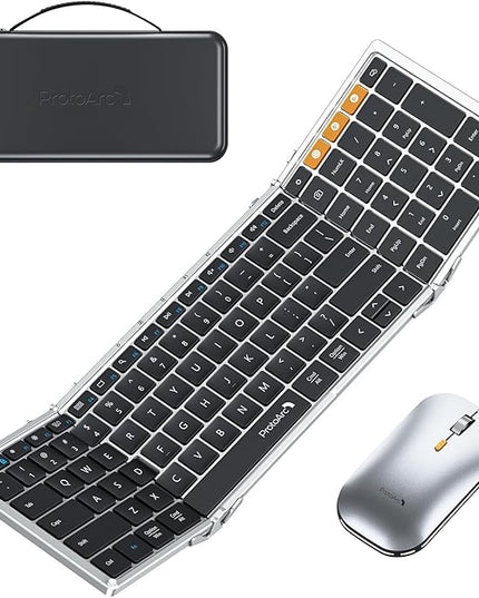 ProtoArc Foldable Keyboard and Mouse, XKM01 True Full-Size Folding Wireless Keyboard Mouse for Business Travel, a Portable Office Suite On-The-Go, Compatible with Laptop iPad Tablet - Black Silver