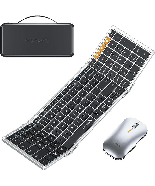 ProtoArc Foldable Keyboard and Mouse, XKM01 True Full-Size Folding Wireless Keyboard Mouse for Business Travel, a Portable Office Suite On-The-Go, Compatible with Laptop iPad Tablet - Black Silver