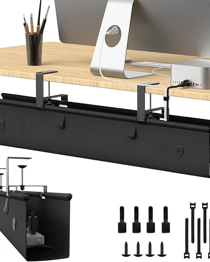 Under Desk Cable Management Tray, 40-inch No-Drill Cord Organizer with Anti-Sag Reinforced Base, Fabric Wire Management Hider for Standing Desk, Office & Gaming Accessories - Black