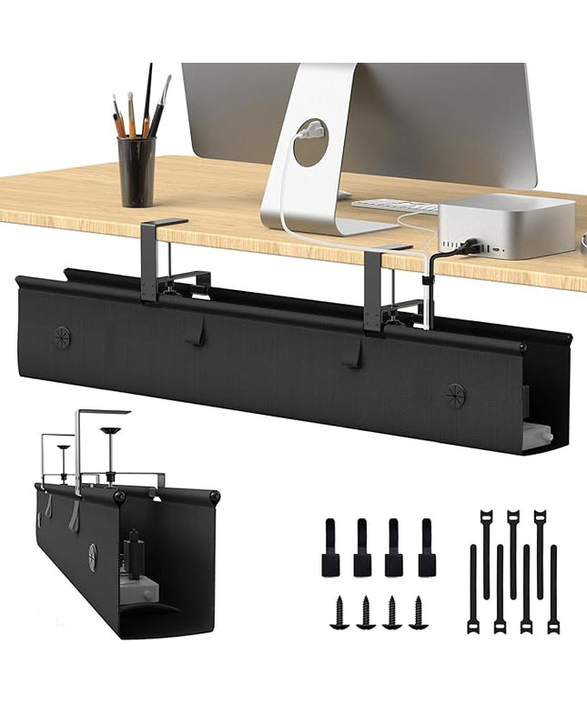Under Desk Cable Management Tray, 40-inch No-Drill Cord Organizer with Anti-Sag Reinforced Base, Fabric Wire Management Hider for Standing Desk, Office & Gaming Accessories - Black
