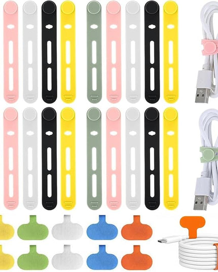 FenrFern 30Pcs Silicone Cable Ties, Reusable Cable Straps Cord Organizer for for Bundling Earphone, Phone Charger, Computer Cords in Home, Office, Kitchen, School (20 Cable Ties+10 Cord Labels)