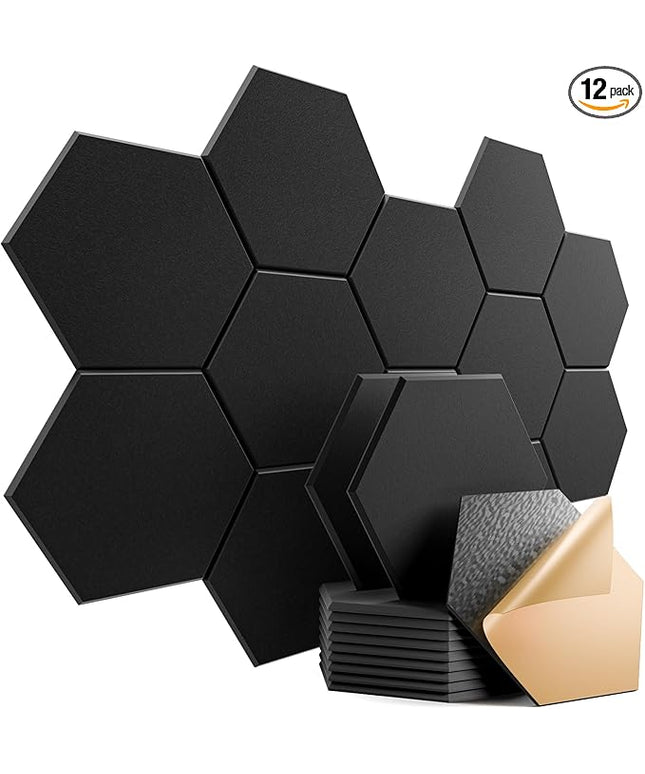 12 Pack Self-Adhesive Acoustic Panels 12" X 10" X 0.4" - Sound Proof Foam Panels with High Density, Stylish Hexagonal Design, Flame Resistant, Absorb Noise and Eliminate Echoes(Black)