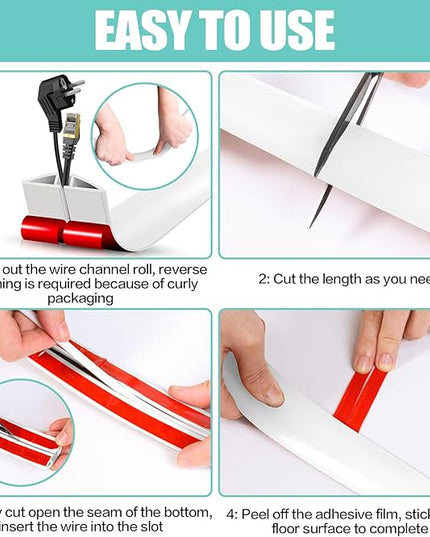 Floor Cord Cover Cavity 0.8"x0.37" Self Adhesive Cord Hider, 10FT Low Profile Cable Management, Extension Strip Protector for Wires, Prevent Cable Trips for Offices, Gyms, Exhibitions（White）