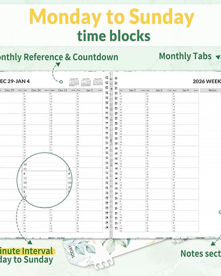 SUNEE 2026 Appointment Book 15-Minute Time Block - Daily, Weekly & Monthly Spiral Planner with Note Section - Thick Paper, Lay-Flat Bound - 8.5 x 11 for Office, School, Men & Women, Greenery