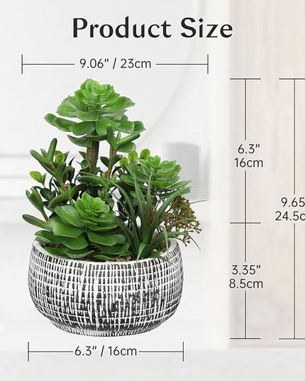 Villa Como 10” Large Succulents Plants Artificial in Ceramic Pots Potted Faux Succulent Arrangement with Black Bowl Pots Fake Desk Succulents Plants for Home Bathroom Shelf Table Indoor Decor