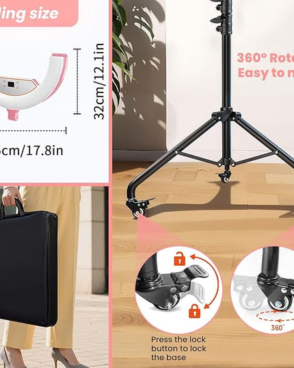 22" Foldable Ring Light with Stand for iPhone ipad, 75" Tripod with Wheels 50W 6500K LED Display/2 USB Ports Large Ringlight Rolling, Tattoo Barber Makeup Studio Video Photography Lighting(Pink)