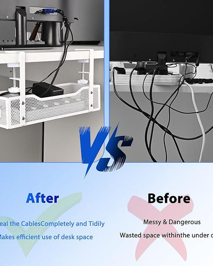 Under Desk Cable Management Tray Small – Clamp-Mounted Wire Organizer & Cord Management Under Desk Holder, No-Drill Metal Cable Tray for Home Office (White)