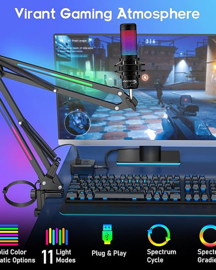 ZealSound RGB Microphone Arm Stand,Mic Arm with RGB Light for QuadCast/Blue Yeti/Snowball/Shure SM7B/Rode NT1/Elgato,Rotatable Suspension Boom Scissor Stand for Gaming Streaming Podcasting YouTube