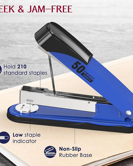 Metal Stapler Heavy Duty 50 Sheet Capacity with 1750 Staples and Staple Remover, Full Strip Staplers for Desk, No Jam, Non-Slip for Office & Classroom, Blue