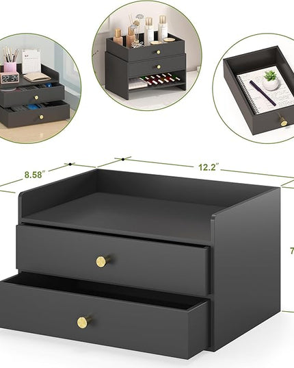 Bamboo Desk Organizer with Drawers Wooden Desktop Storage Drawers for Bills Office Supplies Kitchen Utensils Organizing Tool for Home Classroom Organization No Assembly (2 Drawers, Black)
