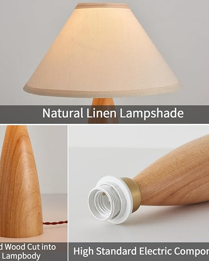 Bedside Table Lamp for Bedroom, Mid-Century Modern Plug in Fabric Shade & Solid Wood Base Desk Lamp, Plug & Play Yellow Wood Nightstand Lamp for Living Room, Office 【Bulb Included】