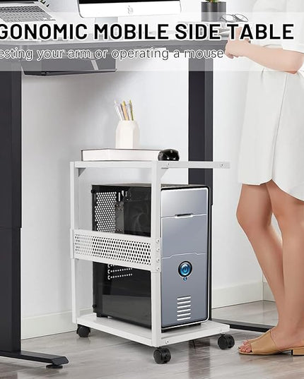 PC Stand Computer Tower Stand 2-Tier Metal CPU Holder with Locking Caster Wheels Suitable for Most PC (S,White)