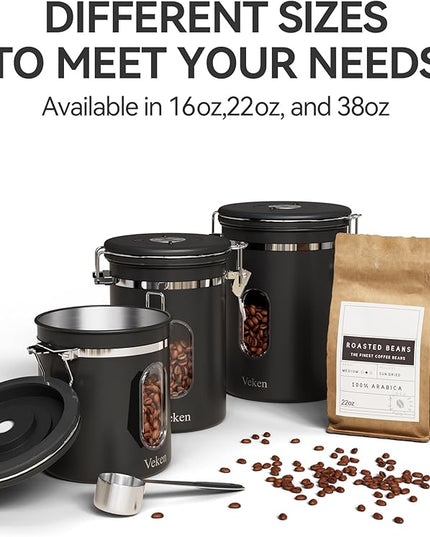Veken Large Coffee Canister with Window, Rice Kitchen Food Storage Airtight Stainless Steel Container with Lids, Date Tracker and Scoop, Grounds, Beans, Tea, Flour, Cereal, Sugar Jars, 38oz, Black