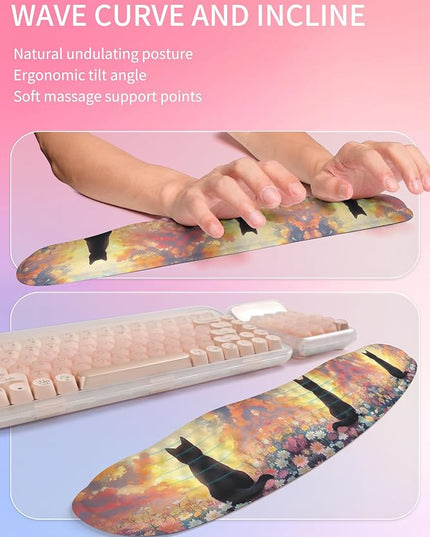 Hokafenle 2in1 Combination, Wave Keyboard Wrist Rest and Ergonomic Curvature Mouse Pad Wrist Support for Relieve Wrist Pain, Filled with Soft Cushion Memory Foam, Wishing Cat