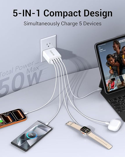 50W USB Wall Charger Block,2Pack 5-Port Charger Fast Charging Block QC 3.0 Multiport Box Brick Cube USB A Wall Plug for iPhone 17/16/15/14 Pro Max Plus, iPad,Galaxy, LG, Moto, Android Phones,AirPorts