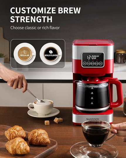 SHARDOR 10-Cup Programmable Coffee Maker, Regular & Strong Brew Drip Coffee Machine for Home and Office, Auto Shut Off, Permanent Filter (red)
