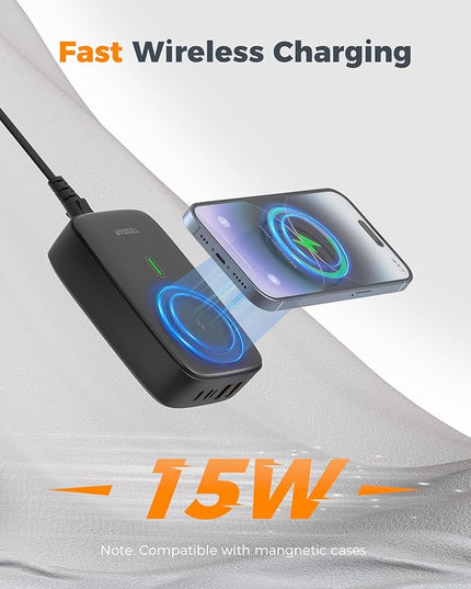 USB Charging Station for Multiple Devices PD 65W, TESSAN 6-in-1 USB C Charger Block with Wireless Charger for iPhone 17/16, MacBook, Tablet, Type C Desktop Charger, Home Travel Office Accessories