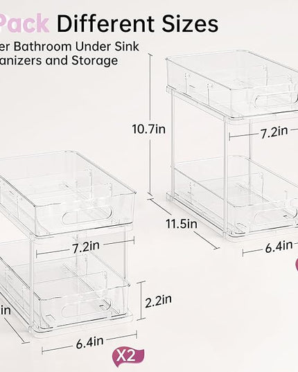 Delamu 2 Tier Snap-Lock Bathroom Under Sink Organizers and Storage, Multi-Purpose Cabinet Drawers with Movable Dividers, Pull Out Organization for Countertop, Kitchen and Pantry(Clear, 4 Pack)