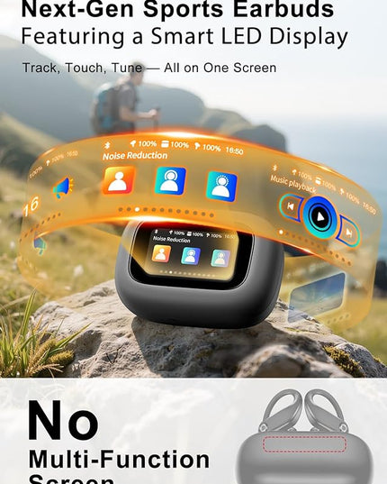 Wireless Earbuds, ANC Noise Cancelling Sport Ear Buds with Multifunctional Touch Screen Case, Bluetooth 5.4 Headphones, Bass Stereo Sound, 5 EQ Over-Ear Earbuds for Sports/Workout/Gym-Grey